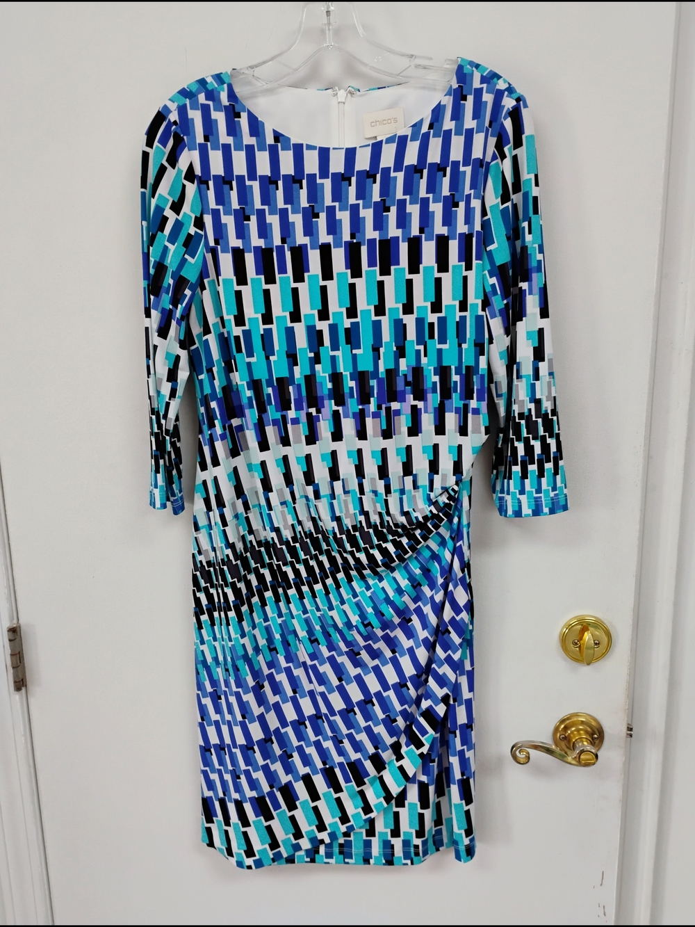 Chico's Stretch Knit Geometric Blue & Teal Sheath Dress Size 0.5